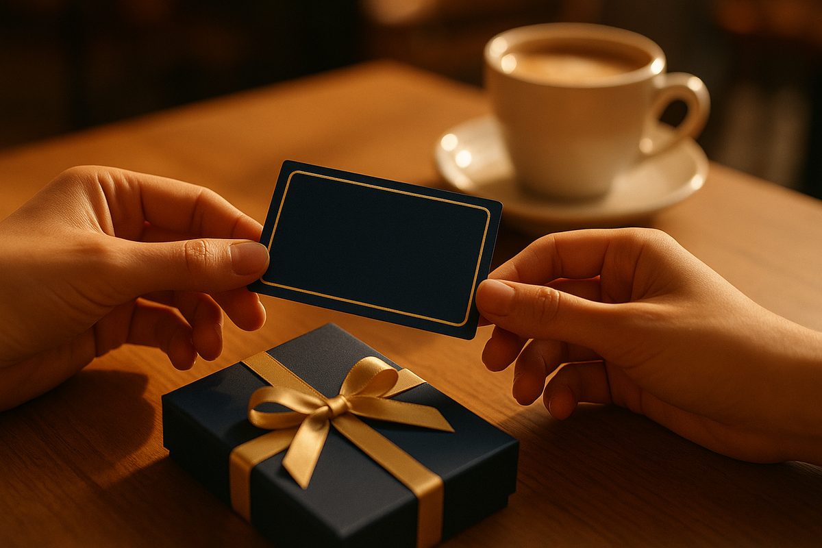 A premium AI gift card being handed across a table